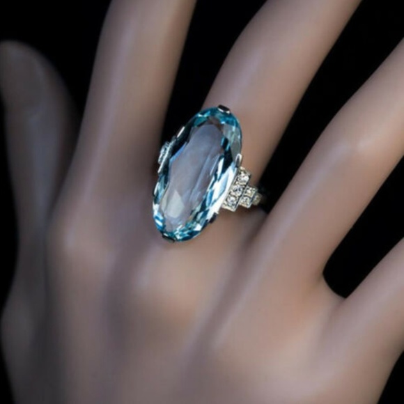 New 925 Silver  Oval Cut Big Aquamarine Ring, cute Ring, shiny Ring. - Picture 1 of 6